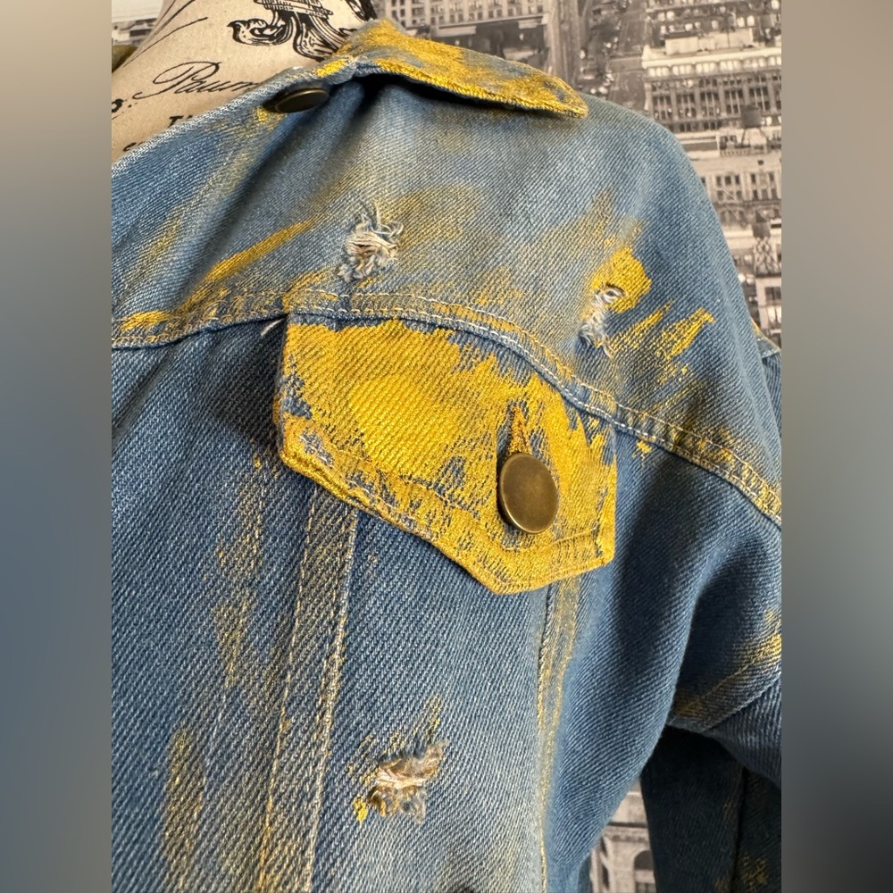 Distressed Hand-Painted Denim Maxi Duster Jacket w. Gold Finish - Picture 7 of 16